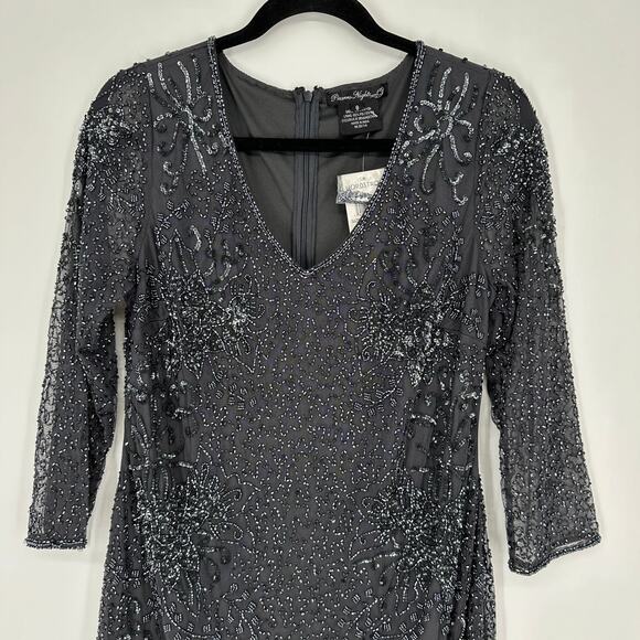 Pisarro Nights Beaded V-Neck Grey 3/4 Sleeve Cocktail Formal Dress Womens 8 - Picture 8 of 10